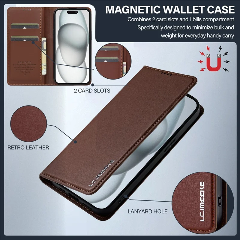 LC.IMEEKE L1 Series for iPhone 15 Plus Case PU Leather Wallet Stand Protective Phone Cover - Brown - 6