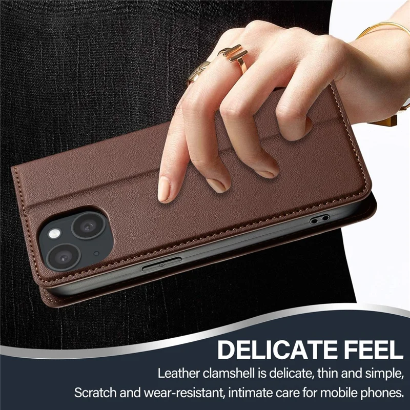 LC.IMEEKE L1 Series for iPhone 15 Plus Case PU Leather Wallet Stand Protective Phone Cover - Brown - 7