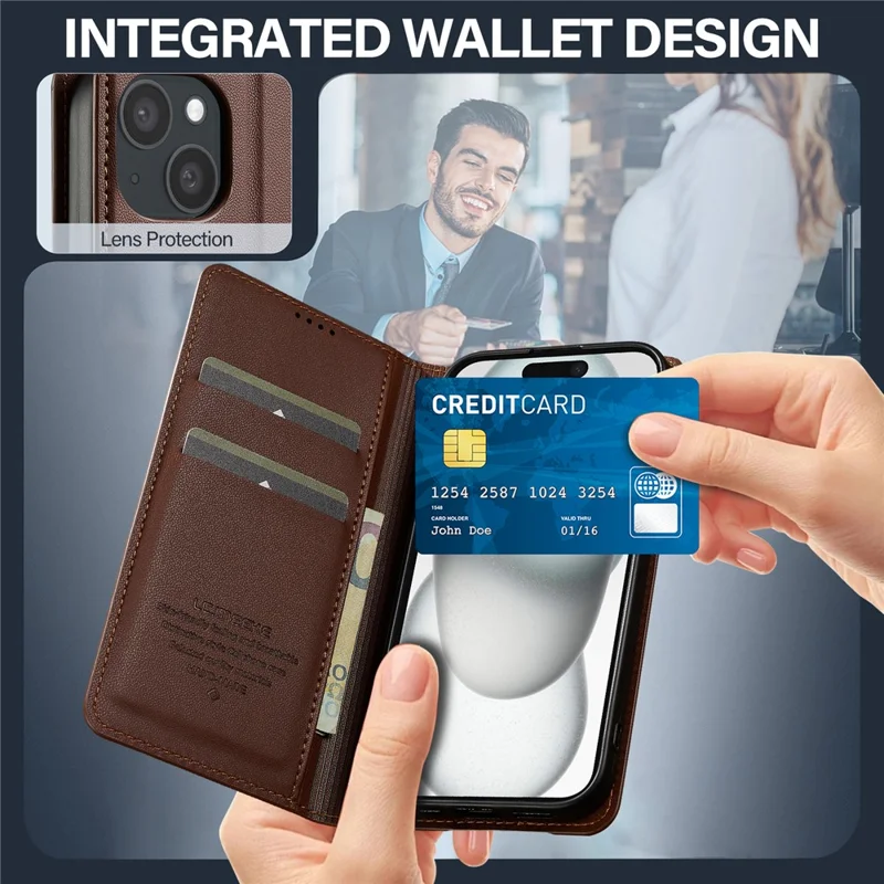 LC.IMEEKE L1 Series for iPhone 15 Plus Case PU Leather Wallet Stand Protective Phone Cover - Brown - 8