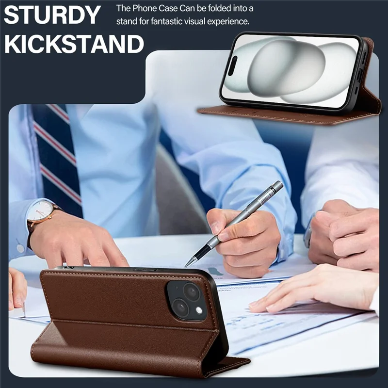 LC.IMEEKE L1 Series for iPhone 15 Plus Case PU Leather Wallet Stand Protective Phone Cover - Brown - 9