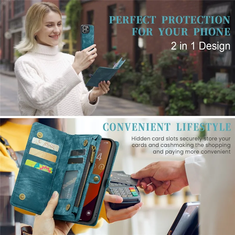 For iPhone 16 Pro Max Phone Cases CASEME 008 Leather Cover with Detachable Wallet and Strap - Blue - 10