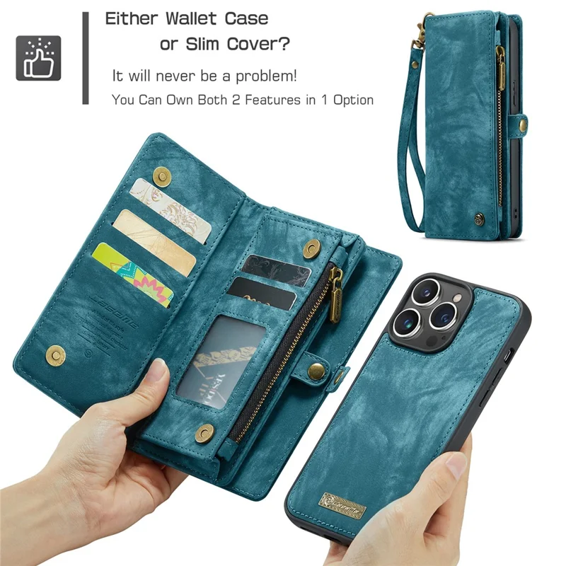 For iPhone 16 Pro Max Phone Cases CASEME 008 Leather Cover with Detachable Wallet and Strap - Blue - 9