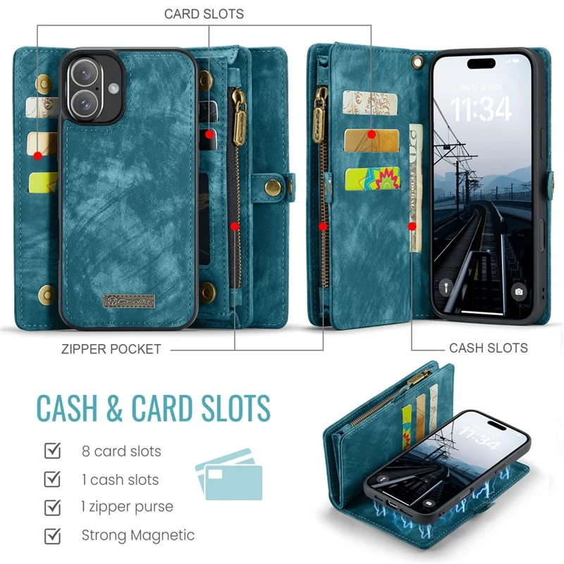 For iPhone 16 Plus Phone Cases CASEME 008 Leather Cover with Detachable Wallet and Strap - Blue - 4