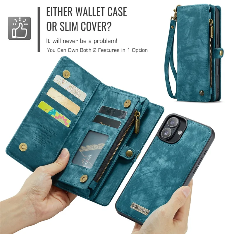 For iPhone 16 Plus Phone Cases CASEME 008 Leather Cover with Detachable Wallet and Strap - Blue - 5