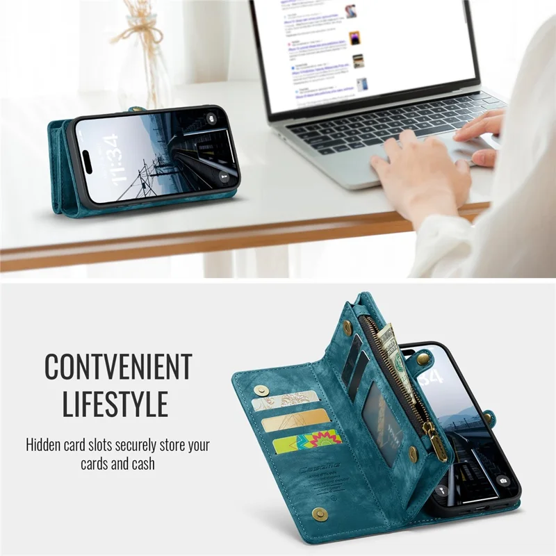 For iPhone 16 Plus Phone Cases CASEME 008 Leather Cover with Detachable Wallet and Strap - Blue - 7
