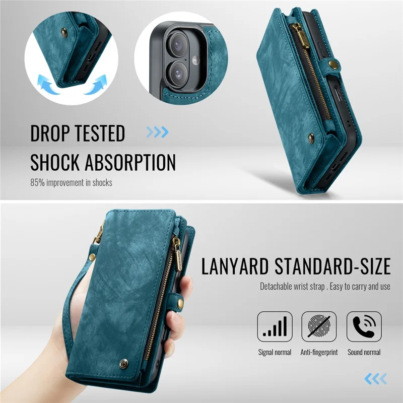 For iPhone 16 Plus Phone Cases CASEME 008 Leather Cover with Detachable Wallet and Strap - Blue - 8