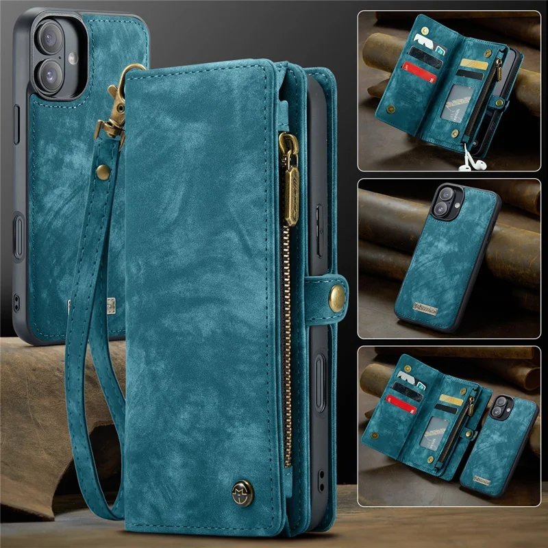 For iPhone 16 Plus Phone Cases CASEME 008 Leather Cover with Detachable Wallet and Strap - Blue - 9