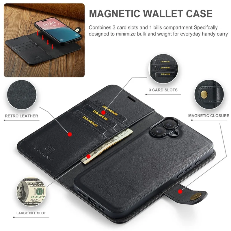 DG.MING for iPhone 16 Plus Case Detachable Split Leather Phone Cover - Black - 5