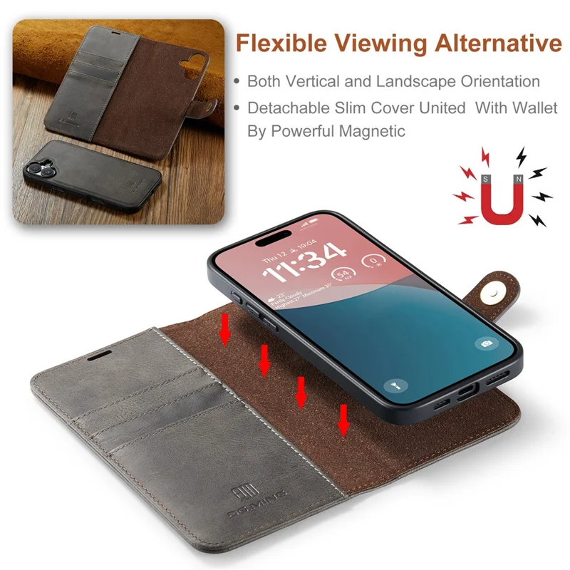 DG.MING for iPhone 16 Case Detachable Split Leather Phone Cover - Grey - 5