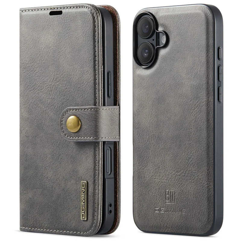 DG.MING for iPhone 16 Case Detachable Split Leather Phone Cover - Grey - 8