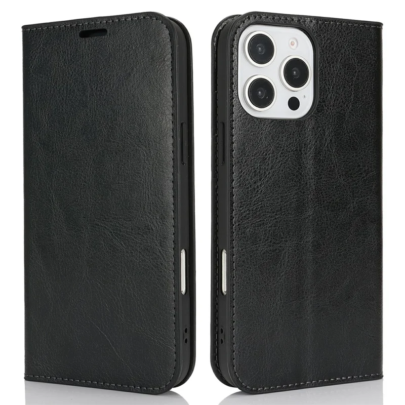 For iPhone 16 Pro Max Case Crazy Horse Texture Split Leather Wallet Phone Cover - Black - 1
