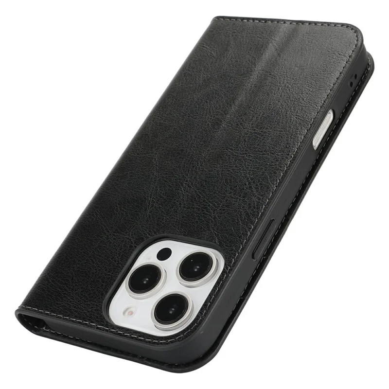 For iPhone 16 Pro Max Case Crazy Horse Texture Split Leather Wallet Phone Cover - Black - 4