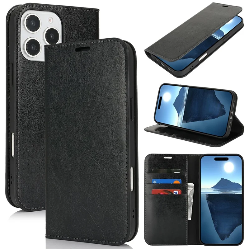 For iPhone 16 Pro Max Case Crazy Horse Texture Split Leather Wallet Phone Cover - Black - 7
