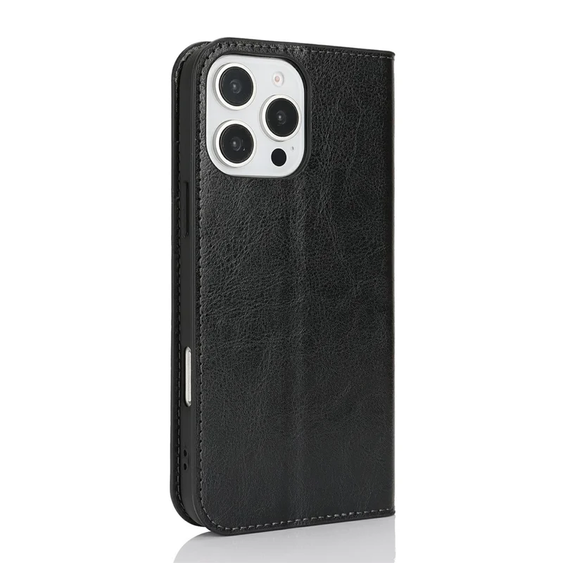 For iPhone 16 Pro Max Case Crazy Horse Texture Split Leather Wallet Phone Cover - Black - 9