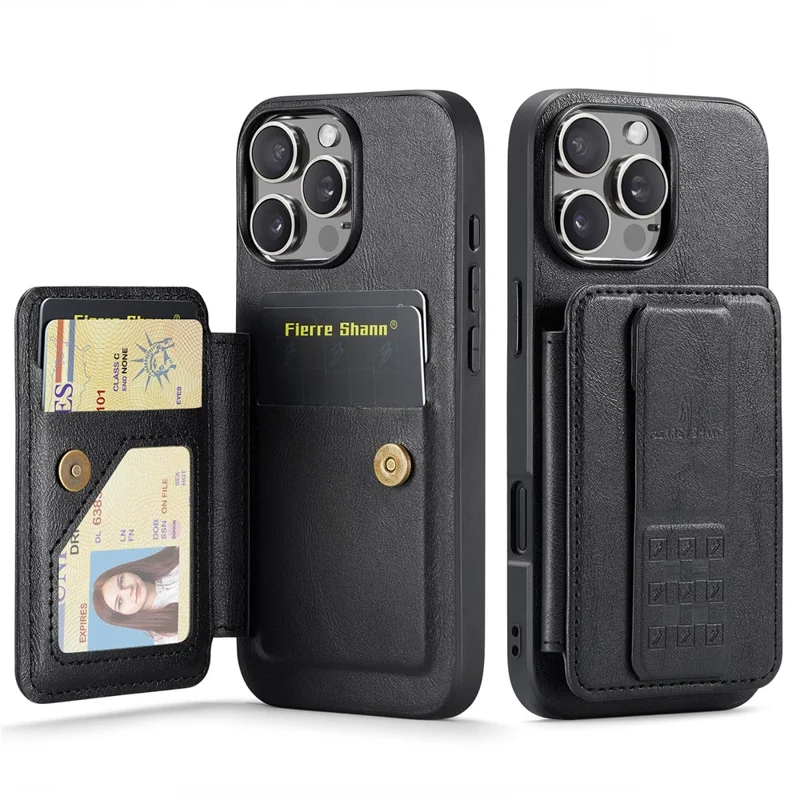 FIERRE SHANN 024 For iPhone 16 Pro Max Case Card Holder Kickstand Waxy Texture Leather+TPU Phone Cover - Black - 1