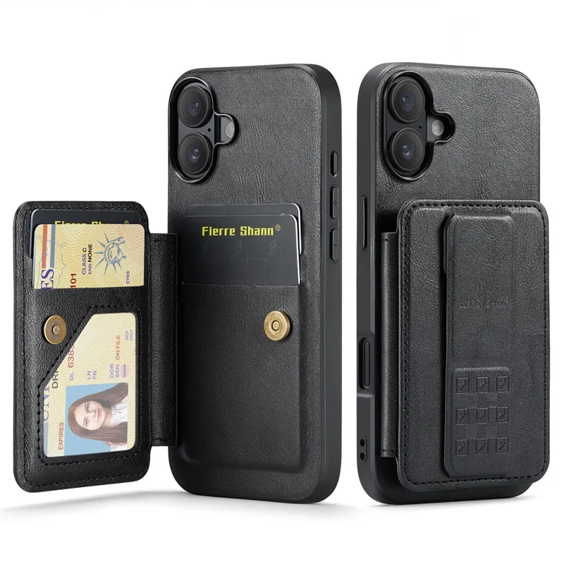 FIERRE SHANN 024 For iPhone 16 Case Card Holder Kickstand Waxy Texture Leather+TPU Phone Cover - Black - 1