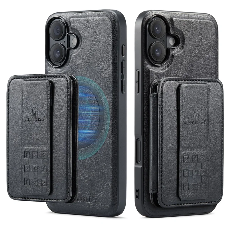 FIERRE SHANN 028 For iPhone 16 Plus Case Magnetic Detachable Card Slots Leather Back Cover - Black - 1