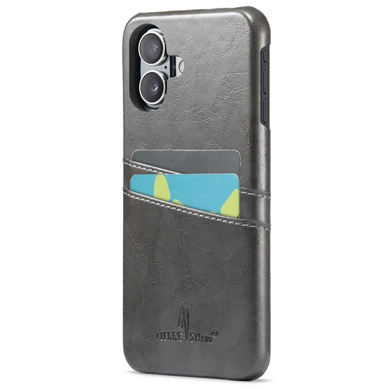 FIERRE SHANN For iPhone 16 Plus Case Waxy PU Leather+PC Card Holder Phone Cover - Grey - 1
