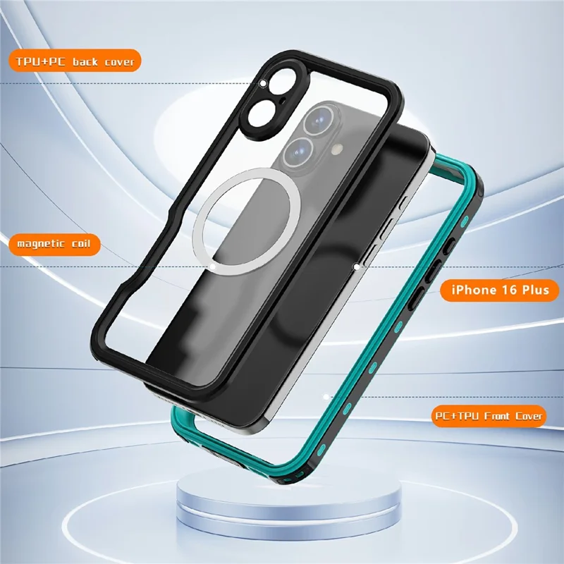 REDPEPPER D-UP Series For iPhone 16 Plus Case IP68 Waterproof Clear Back Panel Phone Cover Compatible with MagSafe - Blue - 9