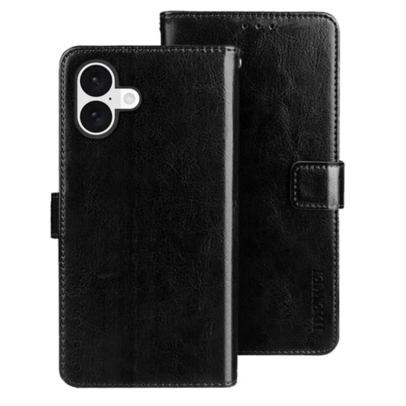 IDEWEI For iPhone 16 Stand Case Crazy Horse Texture Leather Phone Cover - Black - 1