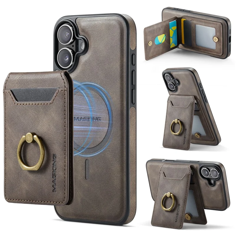 MAGKING K1 Series For iPhone 16 Magnetic Case PC+TPU+PU Phone Cover with Card Holder Kickstand - Coffee - 1
