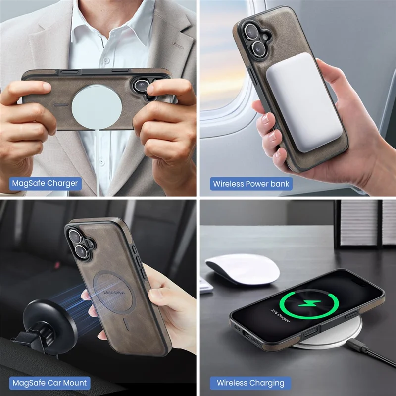 MAGKING K1 Series For iPhone 16 Magnetic Case PC+TPU+PU Phone Cover with Card Holder Kickstand - Coffee - 11