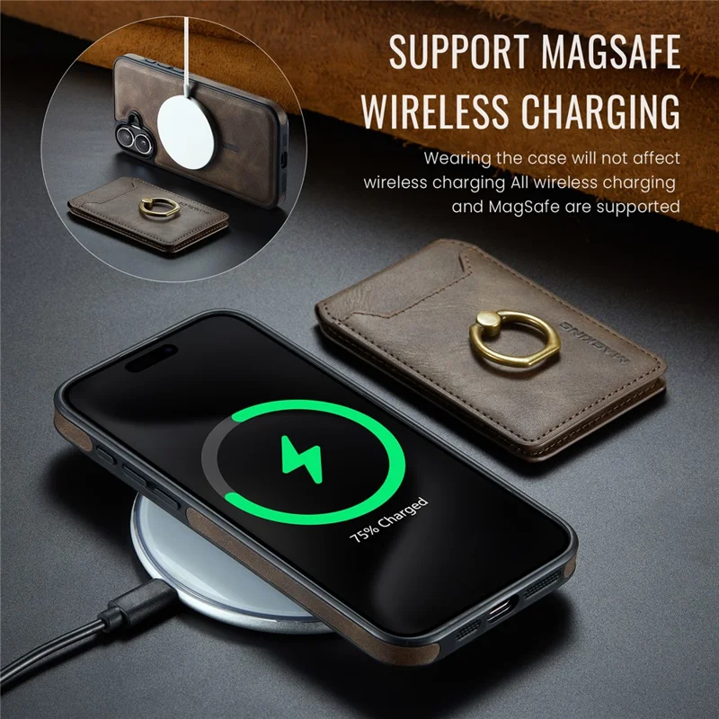 MAGKING K1 Series For iPhone 16 Magnetic Case PC+TPU+PU Phone Cover with Card Holder Kickstand - Coffee - 12
