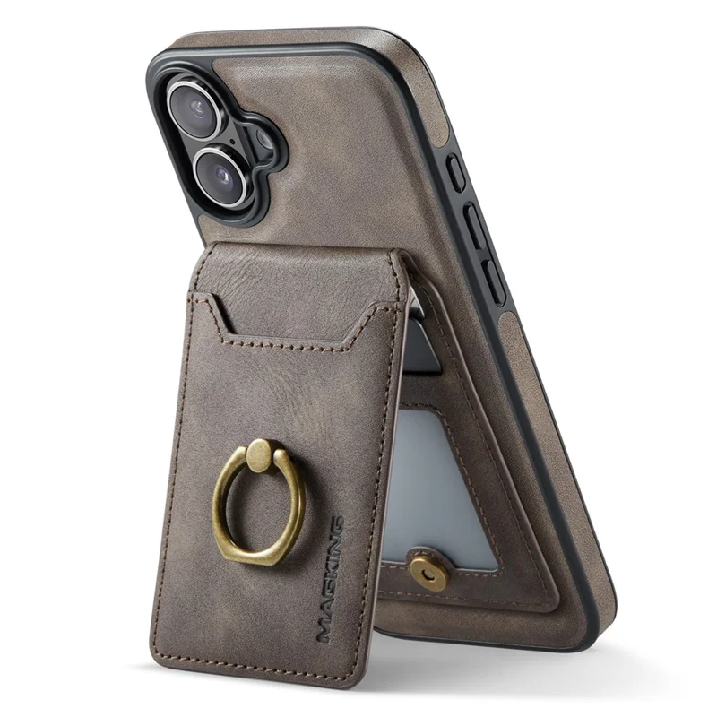 MAGKING K1 Series For iPhone 16 Magnetic Case PC+TPU+PU Phone Cover with Card Holder Kickstand - Coffee - 3