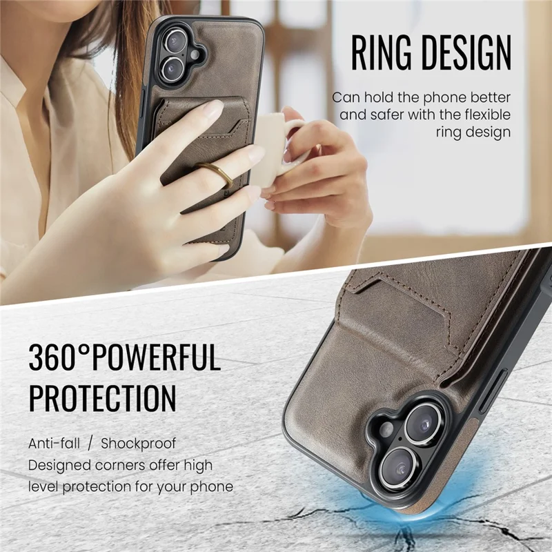 MAGKING K1 Series For iPhone 16 Magnetic Case PC+TPU+PU Phone Cover with Card Holder Kickstand - Coffee - 9