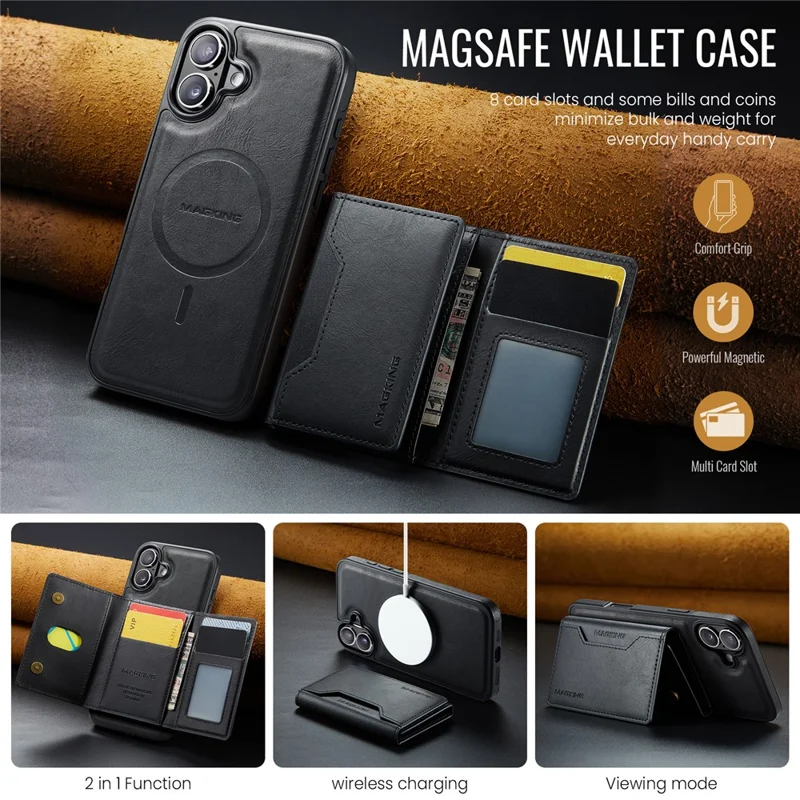 MAGKING K2 Series For iPhone 16 Case Compatible with MagSafe PC+TPU+PU Phone Cover - Black - 11