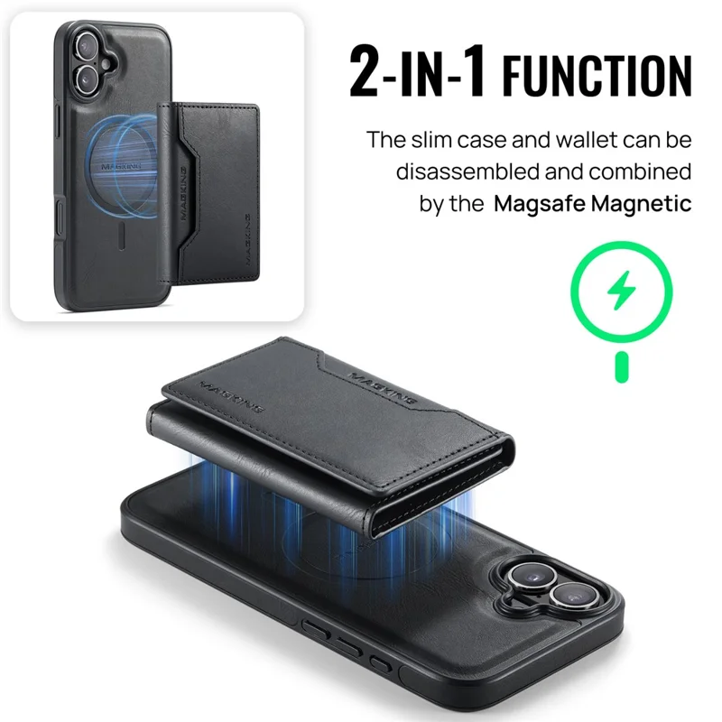 MAGKING K2 Series For iPhone 16 Case Compatible with MagSafe PC+TPU+PU Phone Cover - Black - 8