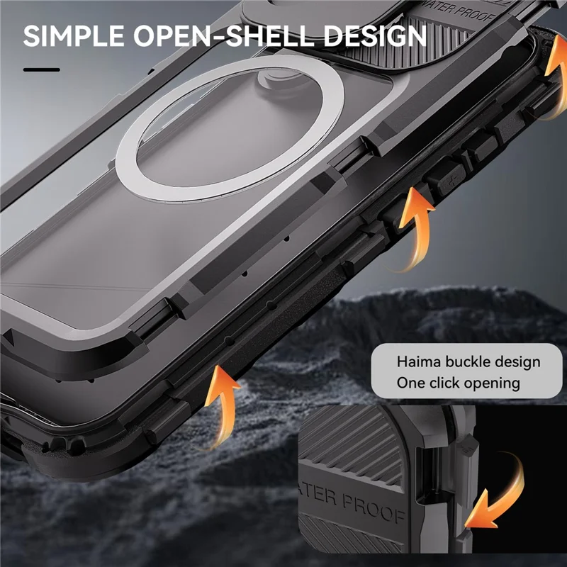 SHELLBOX M Series For iPhone 16 IP68 Waterproof Case Metal Diving Phone Cover Compatible with MagSafe - Black - 12