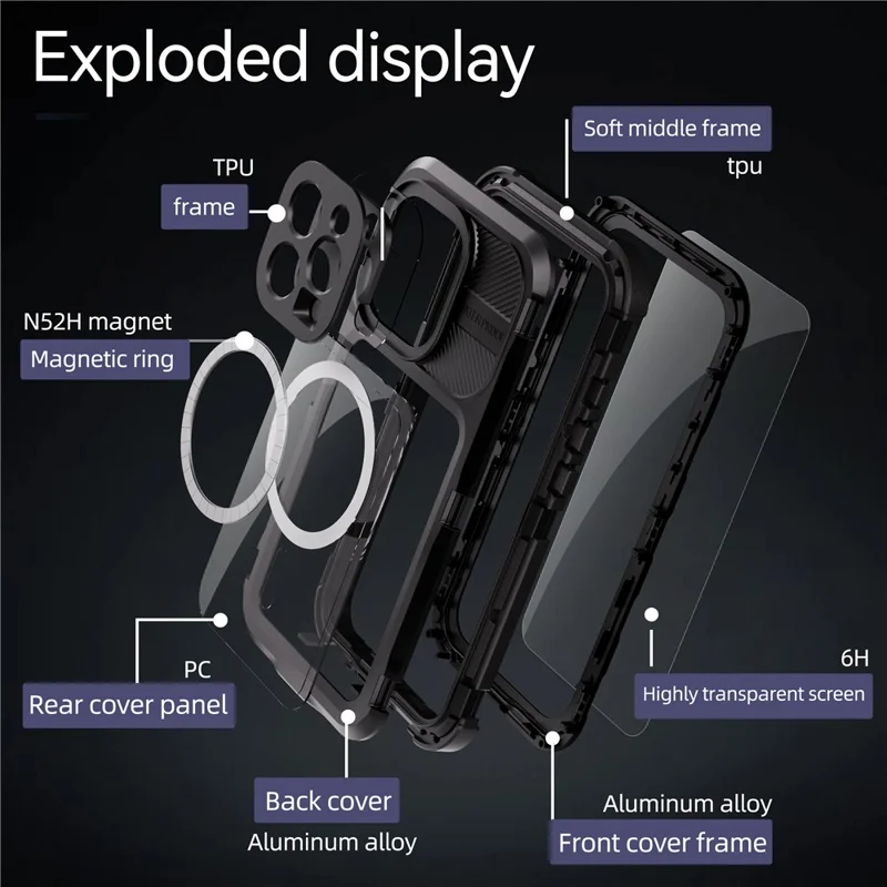 SHELLBOX M Series For iPhone 16 Pro IP68 Waterproof Case Metal Diving Phone Cover Compatible with MagSafe - Black - 10