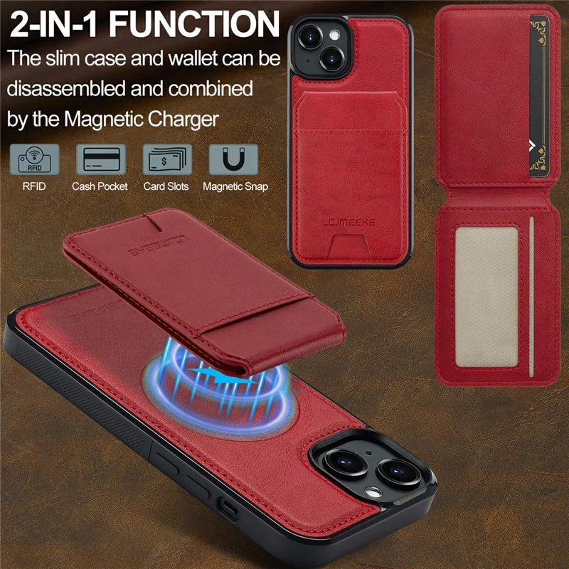LC.IMEEKE L3 For iPhone 15 Plus Magnetic Case Detachable Card Holder Leather+TPU Mobile Cover - Red - 4