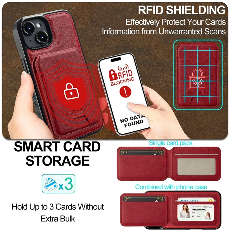 LC.IMEEKE L3 For iPhone 15 Plus Magnetic Case Detachable Card Holder Leather+TPU Mobile Cover - Red - 6