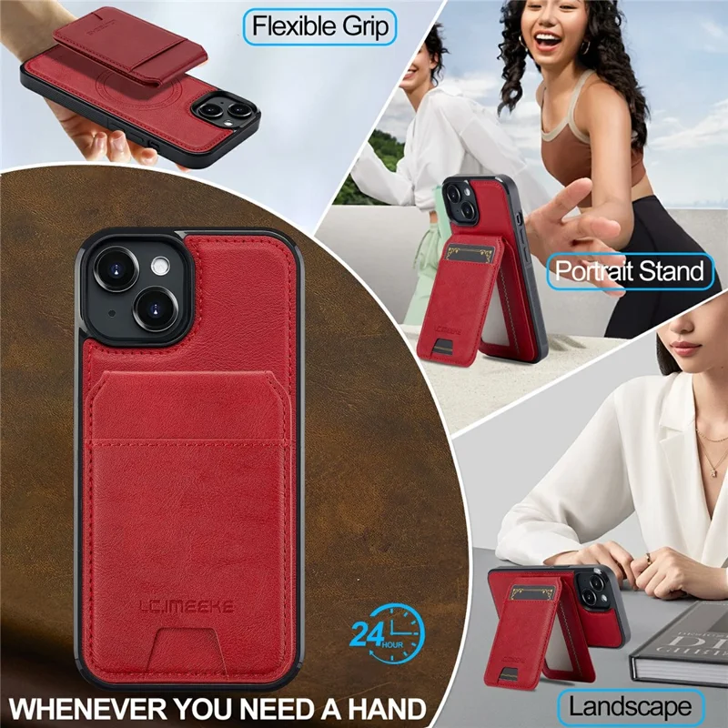 LC.IMEEKE L3 For iPhone 15 Plus Magnetic Case Detachable Card Holder Leather+TPU Mobile Cover - Red - 7