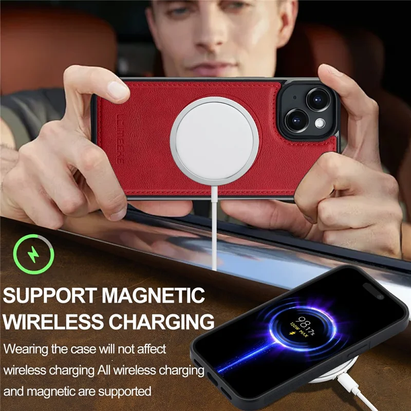 LC.IMEEKE L3 For iPhone 15 Plus Magnetic Case Detachable Card Holder Leather+TPU Mobile Cover - Red - 8