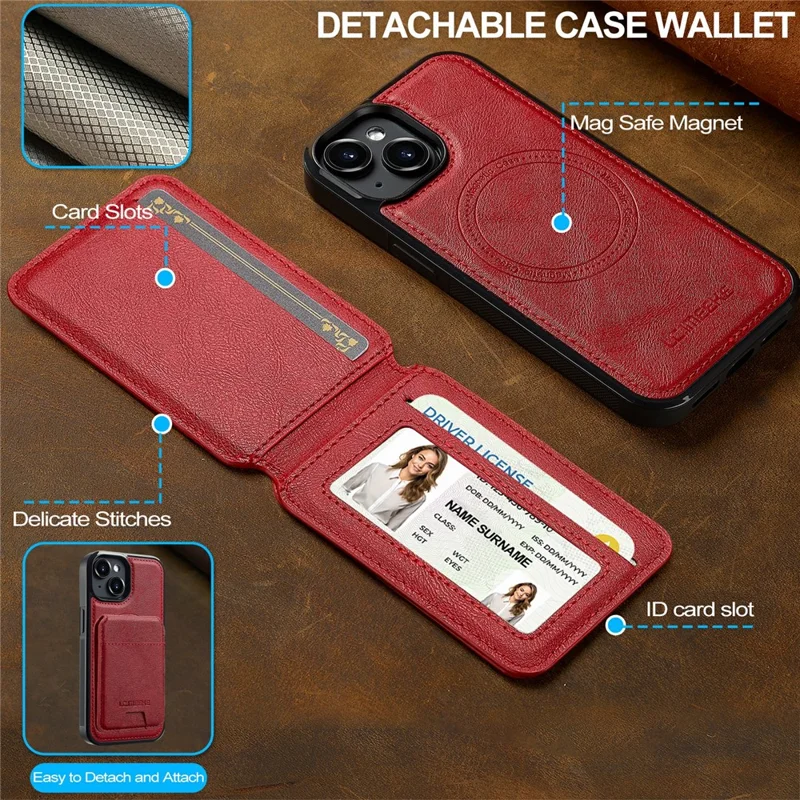 LC.IMEEKE L3 For iPhone 15 Plus Magnetic Case Detachable Card Holder Leather+TPU Mobile Cover - Red - 9