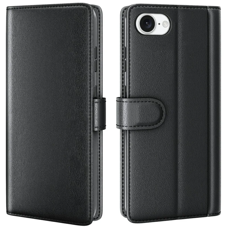 For iPhone 17e / 16e Case Genuine Split Leather Phone Cover with Wallet Stand - Black - 1