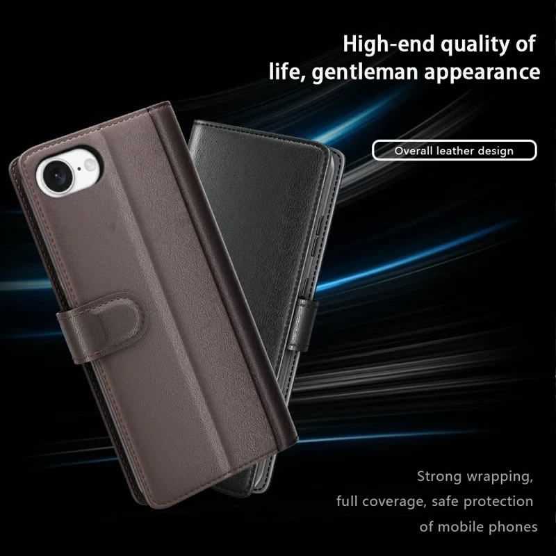 For iPhone 17e / 16e Case Genuine Split Leather Phone Cover with Wallet Stand - Black - 4