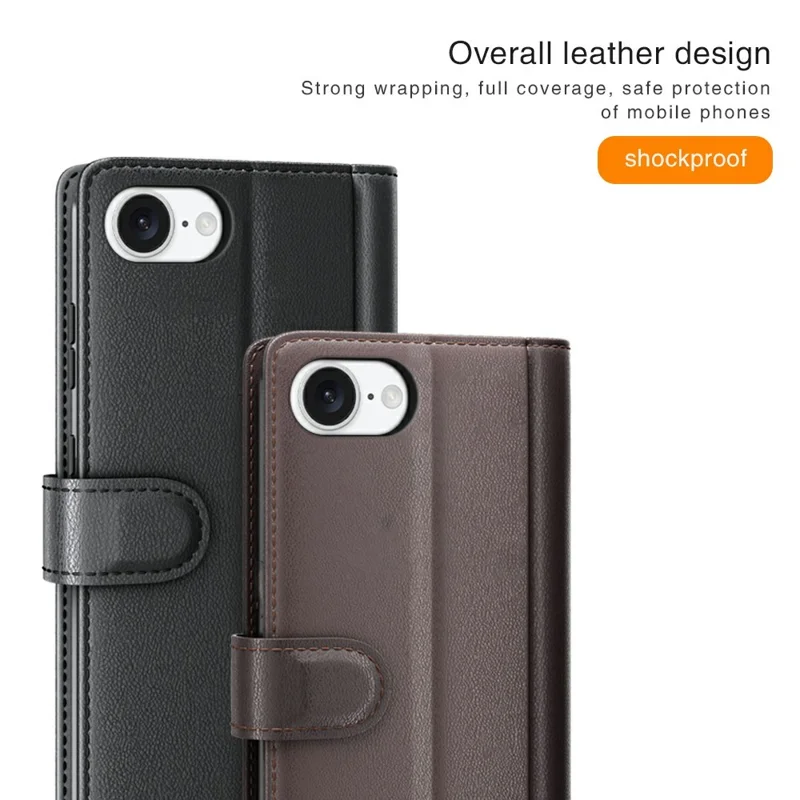 For iPhone 17e / 16e Case Genuine Split Leather Phone Cover with Wallet Stand - Black - 5