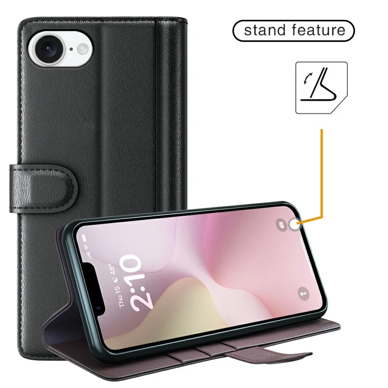 For iPhone 17e / 16e Case Genuine Split Leather Phone Cover with Wallet Stand - Black - 6
