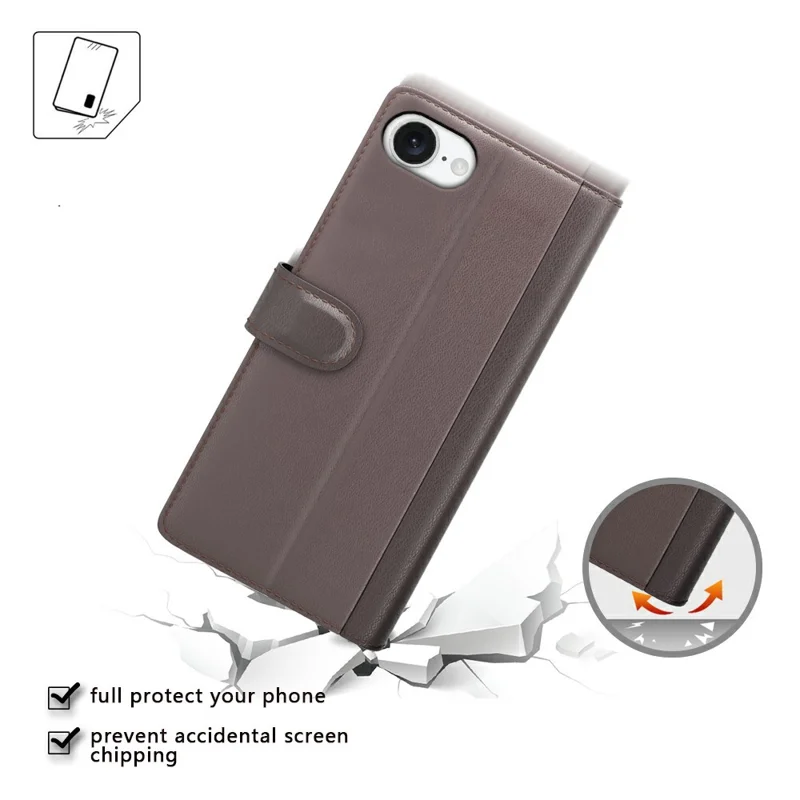 For iPhone 17e / 16e Case Genuine Split Leather Phone Cover with Wallet Stand - Black - 8