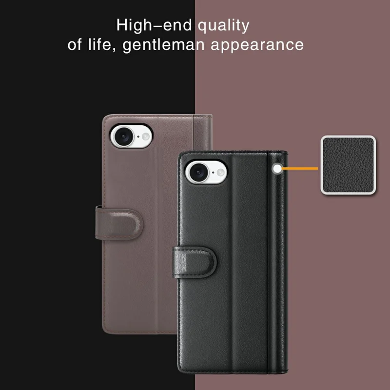 For iPhone 17e / 16e Case Genuine Split Leather Phone Cover with Wallet Stand - Black - 9