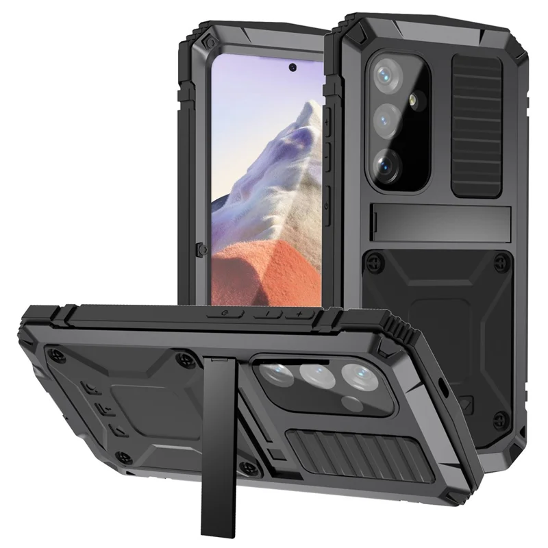 R-JUST For Samsung Galaxy S25 Case PC + Silicone + Metal Kickstand Phone Cover with Tempered Glass Film - Black - 1