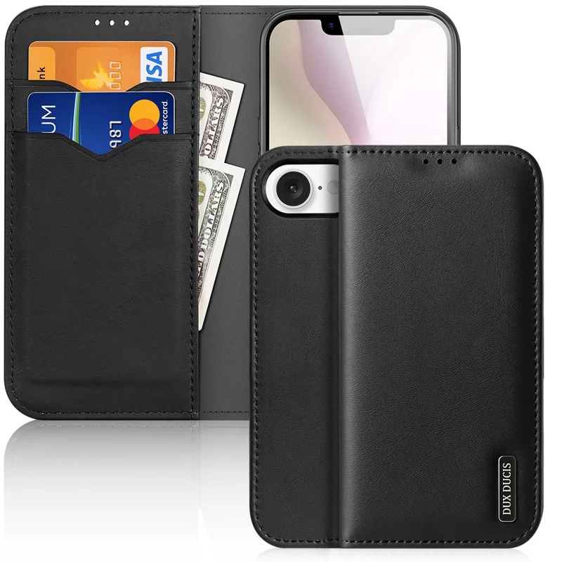 DUX DUCIS For iPhone 17e / 16e Case Hivo Series Cowhide Leather RFID Blocking Wallet Stand Flip Phone Cover - Black - 1