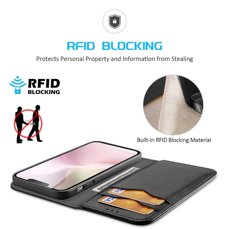DUX DUCIS For iPhone 17e / 16e Case Hivo Series Cowhide Leather RFID Blocking Wallet Stand Flip Phone Cover - Black - 3