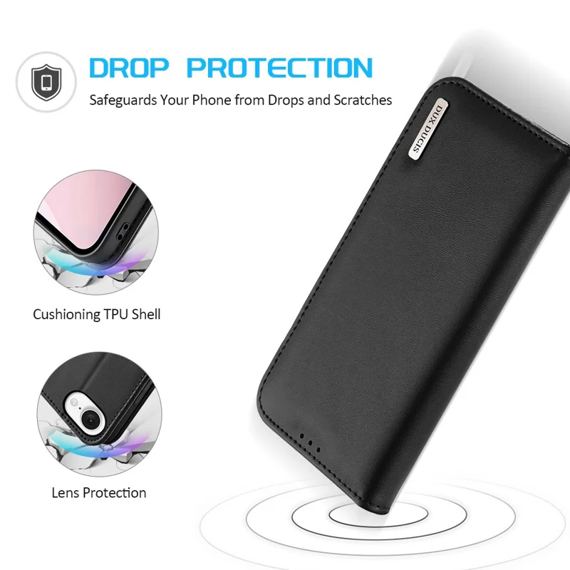 DUX DUCIS For iPhone 17e / 16e Case Hivo Series Cowhide Leather RFID Blocking Wallet Stand Flip Phone Cover - Black - 4