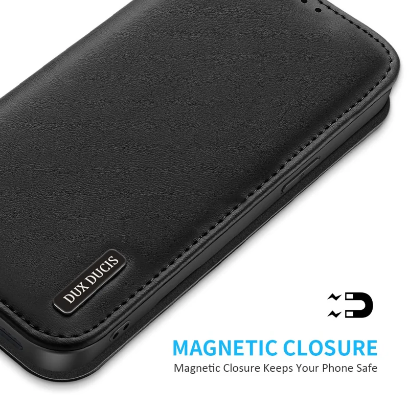 DUX DUCIS For iPhone 17e / 16e Case Hivo Series Cowhide Leather RFID Blocking Wallet Stand Flip Phone Cover - Black - 5
