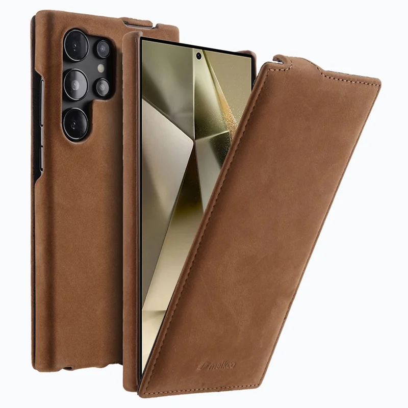 MELKCO For Samsung Galaxy S25 Ultra Case Vertical Flip Genuine Cow Leather + PC Shockproof Phone Cover - Brown - 1
